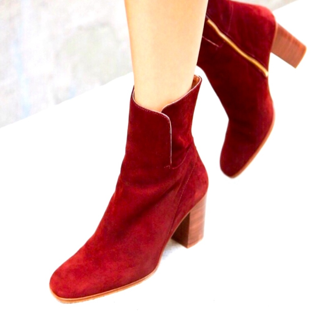 FREE PEOPLE Red Wine Suede Zip Up Ankle Booties Heel size 38/7.5